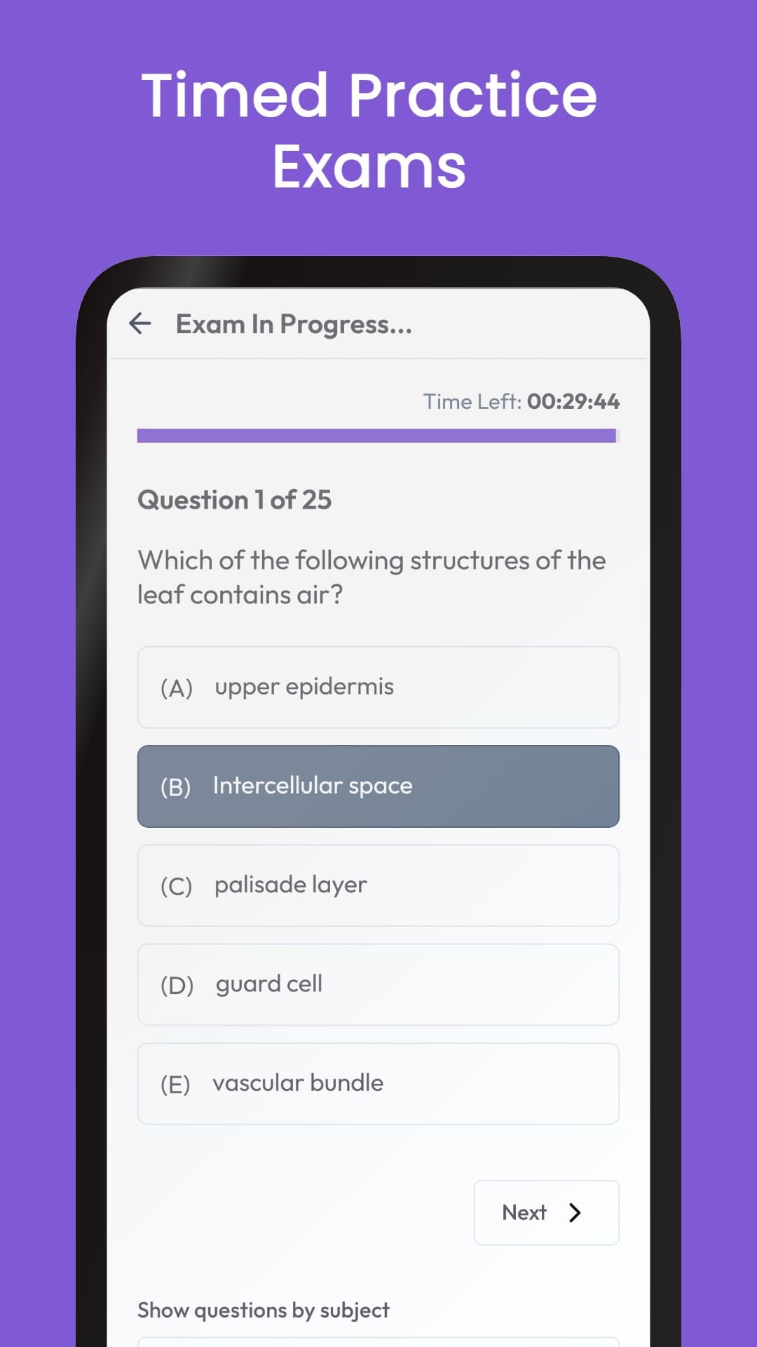 Timed Practice Exams - Biology exam in progress with timer