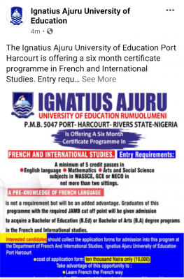 IAUE Admission into Certificate Programme in French and International Studies