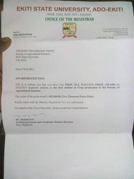 EKSU Best Student In Crop Production Awarded ₦2000 Prize Money