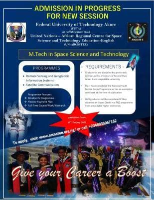 FUTA Admission Form into M.Tech in Space Science and Technology