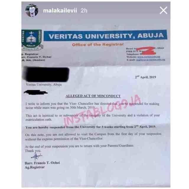 Veritas University Student Suspended for Noise Making