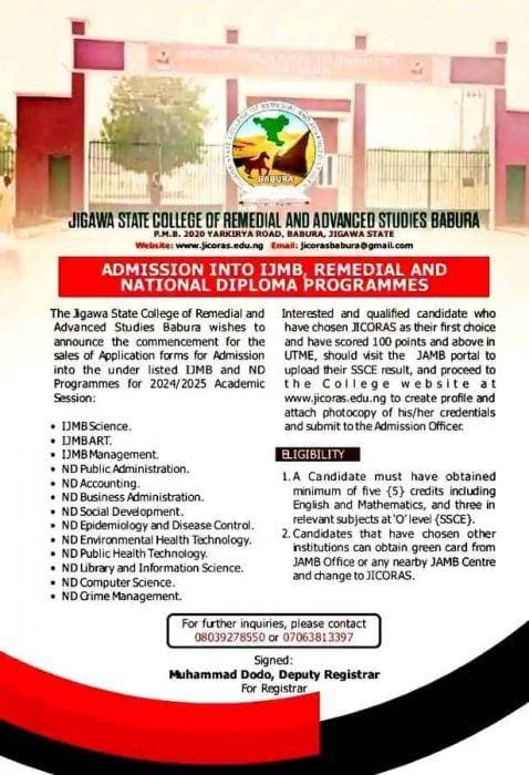 Jigawa State College of Remedial and Advanced Studies (JICORAS) IJMB and ND Admission, 2024/2025