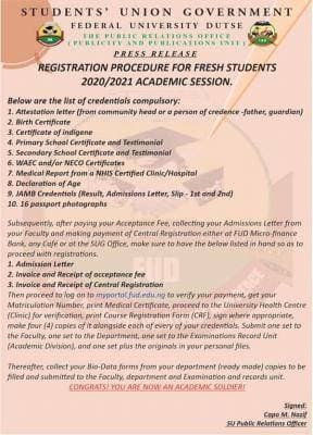 FUD SUG Notice on List of Requirements for New Students, 2020/2021 Session