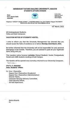 ATBU Directs Students to Vacate Hostels