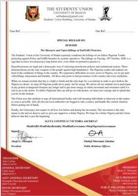 University of Ibadan SUG Condemns Killings of Nigerian Youths