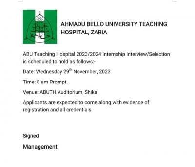 ABUTH Internship Interview/Selection Exercise, 2023/2024