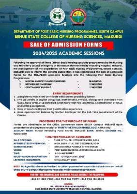 Benue College of Nursing Admission into Post Basic Nursing Specialty Programmes, 2024/2025