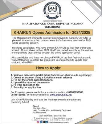Khalifa Isyaku Rabiu University, Kano (KHAIRUN) Post-UTME Screening Form, 2024/2025 Session