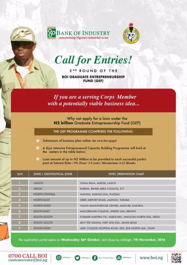 Deadline Extended: 2016 Bank of Industry (BOI) Graduate Entrepreneurship Fund (GEF) for NYSC Members