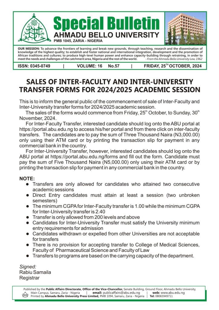 ABU Zaria Transfer Forms for Inter-Faculty and Inter-University Programmes, 2024/2025