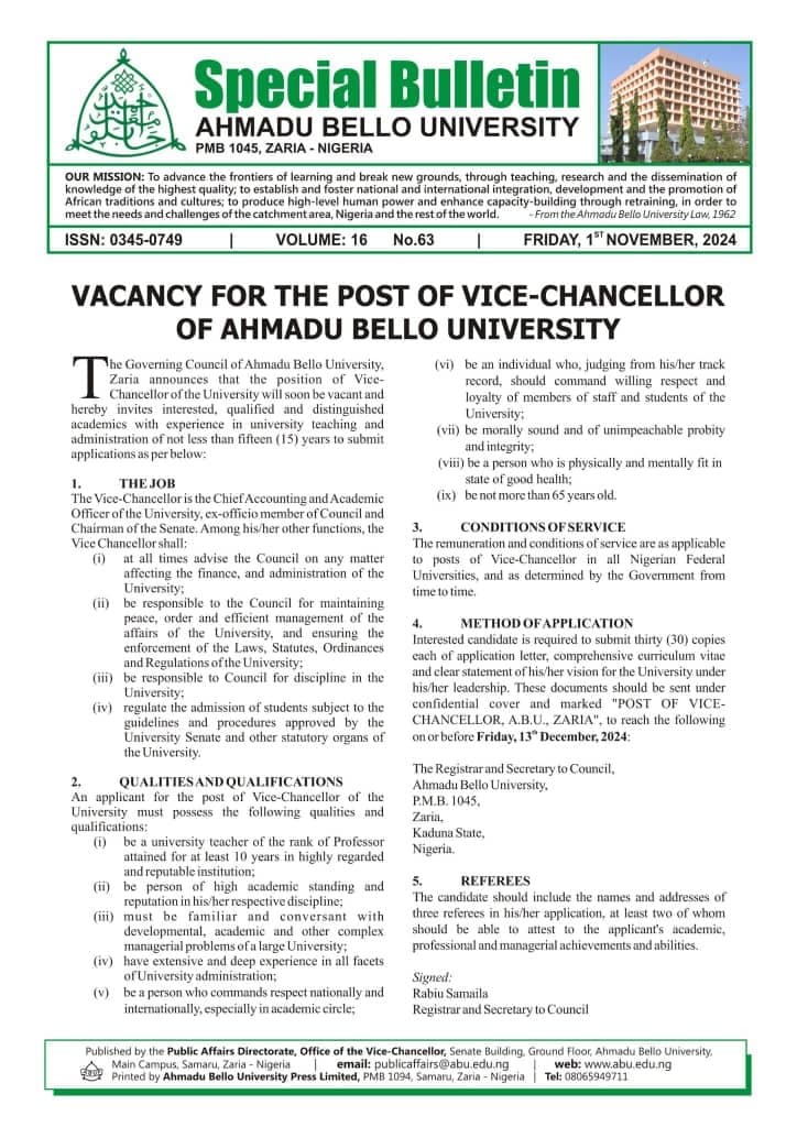 ABU Zaria Advertises Vacancy for the Post of Vice Chancellor