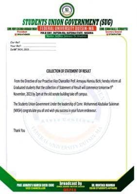 FUDutsin-ma SUG Issues Notice to Graduating Students on Collection of Statement of Results