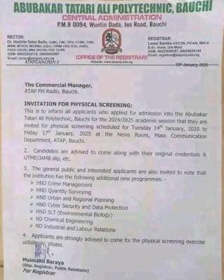 Abubakar Tatari Ali Polytechnic (ATAP) Physical Screening Schedule for 2024/2025