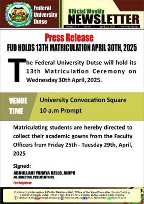FUDutse Announces Schedule for 13th Matriculation Ceremony