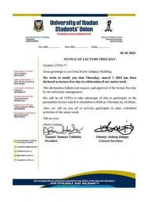 UI Students’ Union Issues Notice on Lecture Free Day