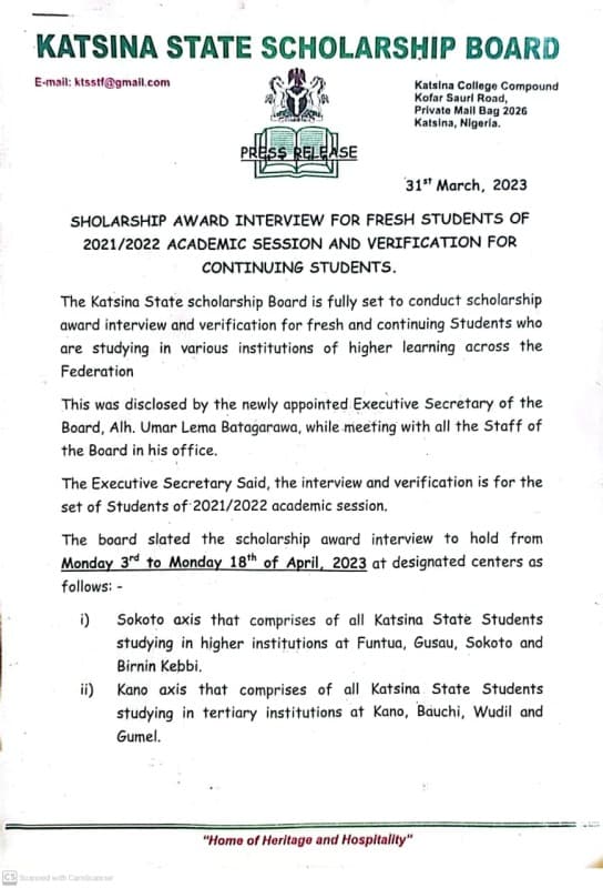 Katsina State Scholarship Board Announces Interview and Verification Exercise, 2021/2022 Session
