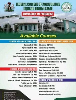 Federal College of Agriculture (FCA), Ishiagu Admission Form for 2022/2023 Session