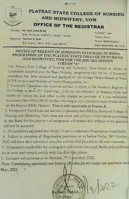 Plateau State College of Nursing and Midwifery Admission List, 2023/2024