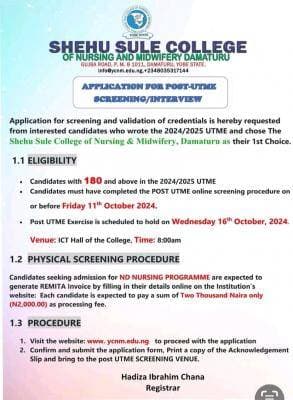 Shehu Sule College of Nursing and Midwifery Post-UTME Screening Announced, 2024/2025