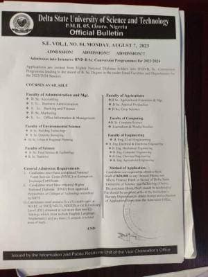 Delta State University of Science and Technology HND Conversion to Degree Programmes Admission, 2023/2024
