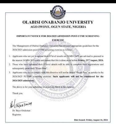 OOU Notice to Post-UTME Candidates on Uploading of O’level Results on JAMB CAPS
