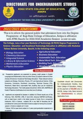 Kogi State COE Degree Admission (ATBU Affiliated), 2022/2023