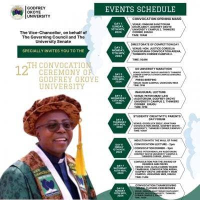 Godfrey Okoye University 12th Convocation Ceremony: Schedule of Events