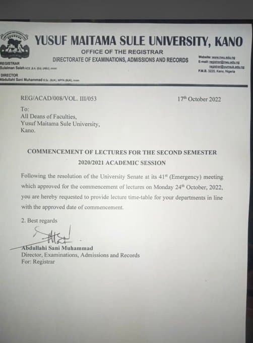 Yusuf Maitama Sule University, Kano Announces Resumption Date