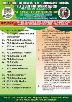 Fed Poly Bauchi in Affiliation with FUAM PGD Admission Form, 2021/2022