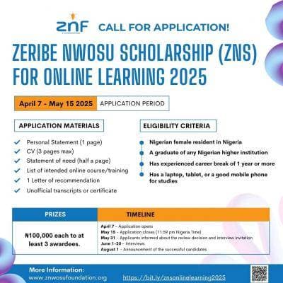 Zeribe Nwosu Foundation (ZNF) Online Learning Scholarship for Females, 2025