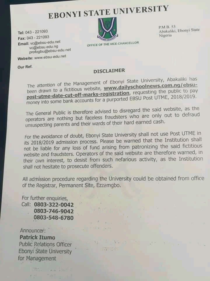 EBSU Post UTME Important Disclaimer Notice for 2018/2019 Admission