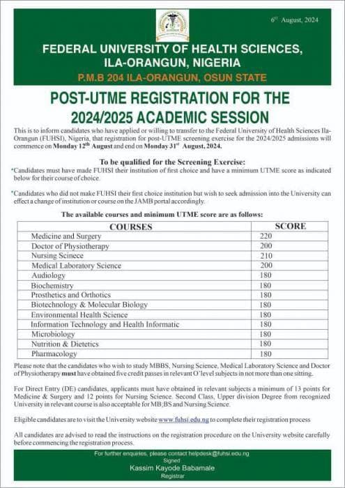 Fed University of Health Sciences, Ila-Orangun (FUHSI) Post-UTME Screening, 2024/2025 (UPDATED)
