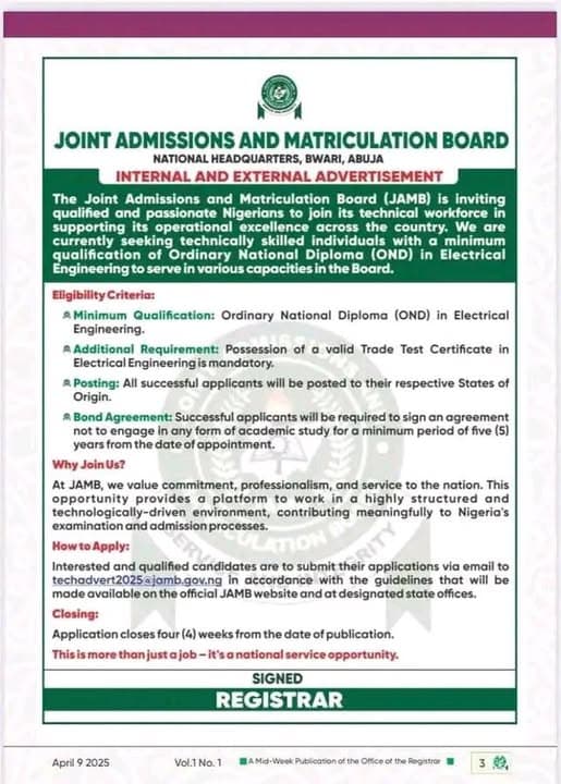 JAMB Recruitment for Technical Workforce, 2025 | How to Apply