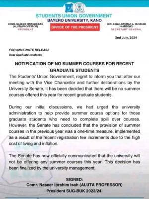 No Resist Exams for Recent Graduate Students – BUK SUG Issues Notice