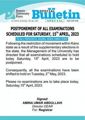 BUK Postpones Exams on April 15 to May 2nd, 2023