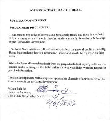 Borno State Scholarship Board Disclaimer Notice