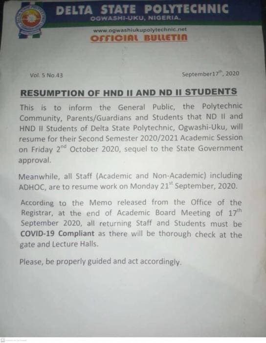 Delta State Poly Ogwashi-Uku Resumption Date Announced for 2019/2020 Session