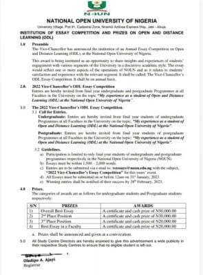 NOUN Announces Essay Competition for Undergraduate and Postgraduate Students