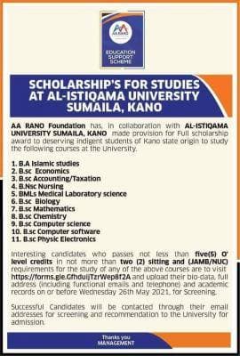 Al-Istiqamah University Scholarship for Kano State Indigenes