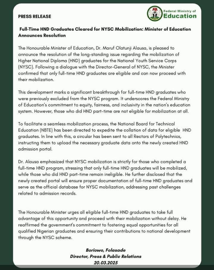HND Full-time Students With ND Part-time Certificates Can Now Go for NYSC