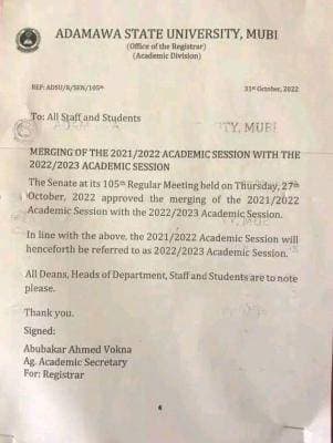 ADSU to Merge 2021/2022 and 2022/2023 Academic Sessions