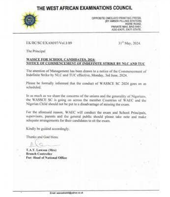 NLC and TUC Strike Will Not Affect Ongoing WASSCE – WAEC