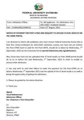 FUDutsinma Notice to Post UTME and DE Candidates on 2021/2022 Admission
