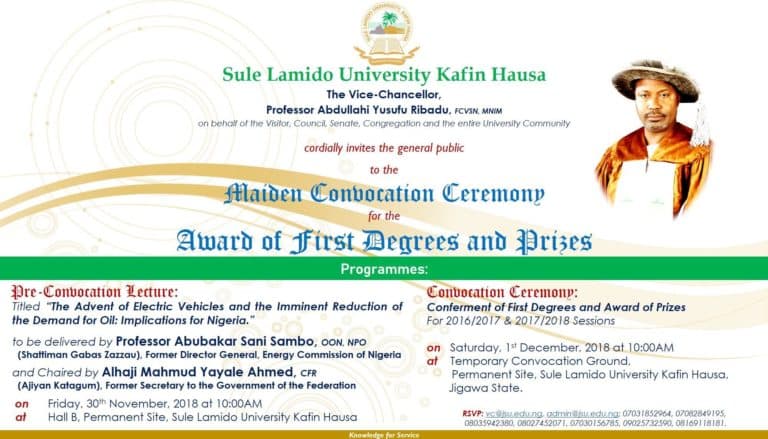 Sule Lamido University (SLU) Convocation Ceremony Schedule of Events