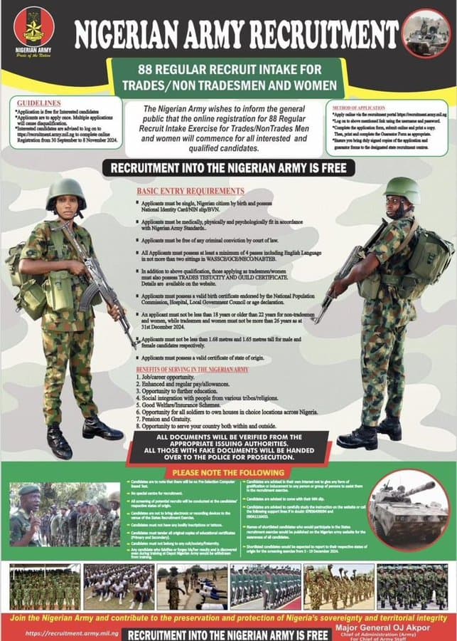 Nigerian Army 88th Regular Recruitment Announced, 2024 | How to Apply