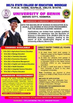 DESCOEM Affiliated to UNIBEN Admission into Degree Programmes, 2023/2024