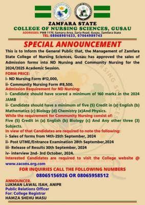 Zamfara State College of Nursing Sciences (ZACONS) Admission Form into ND Nursing and Community Nursing, 2024