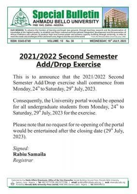ABU Zaria Add/Drop Portal Enabled, 2021/2022 Session
