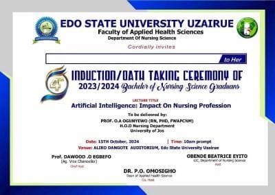 Edo State University Induction Ceremony for Nursing Sciences Graduates, 2023/2024
