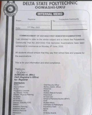 Delta State Poly Ogwashi-Uku 1st Semester Exam Date, 2021/2022